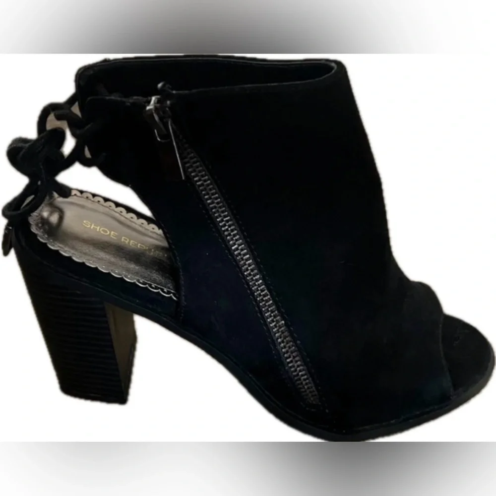 Black Peep Toe Booties with side zipper and chunky heel. NWOT. Women’s size 8.5